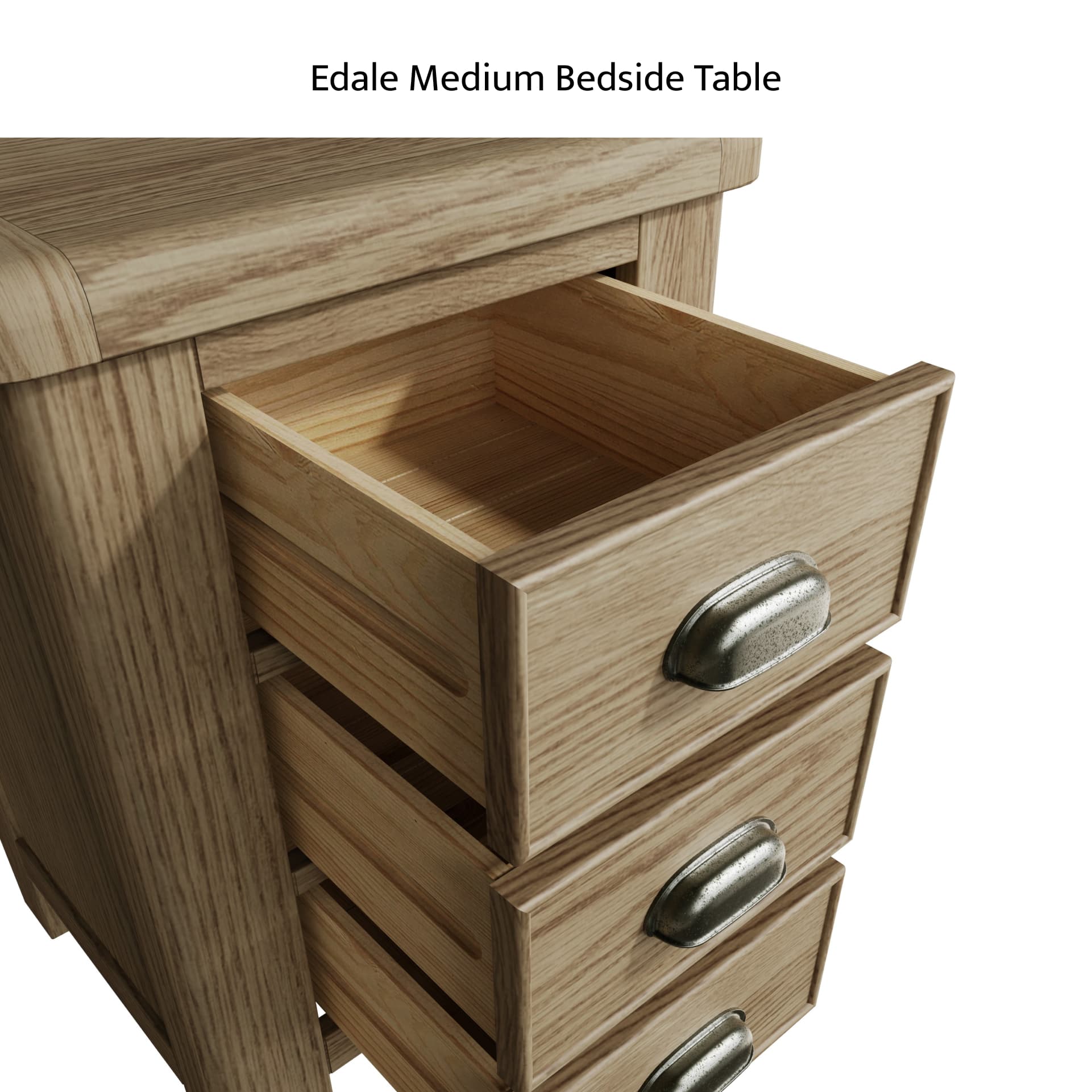 Close view on the open drawers of the medium oak bedside cabinet and cup handles with antique effect