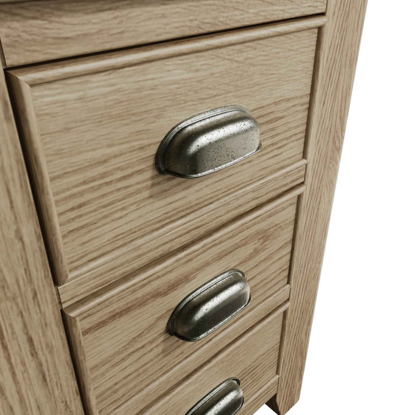 Close view on the drawers cup handles with antique effect