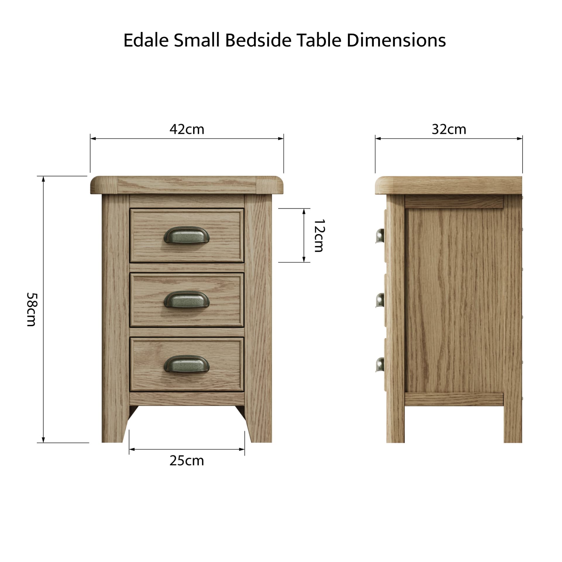 Small oak bedside table is shown from 2 sides with dimension details