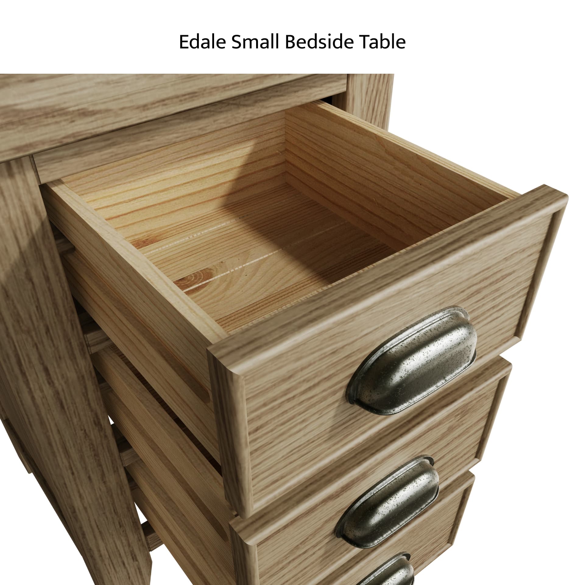 Close view on the open drawers of the small oak bedside cabinet and cup handles with antique effect