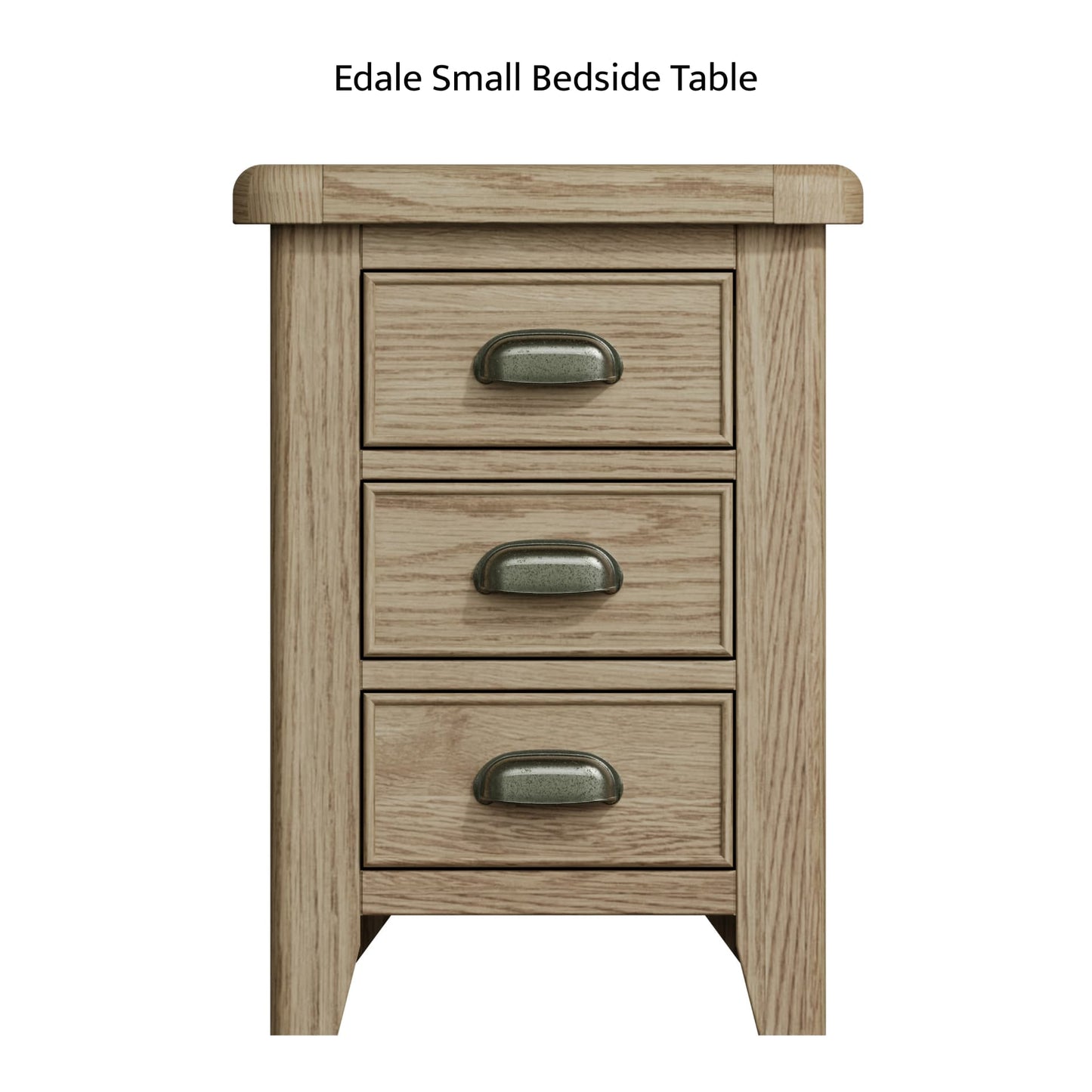 Front view on the small oak nightstand with 3 drawers