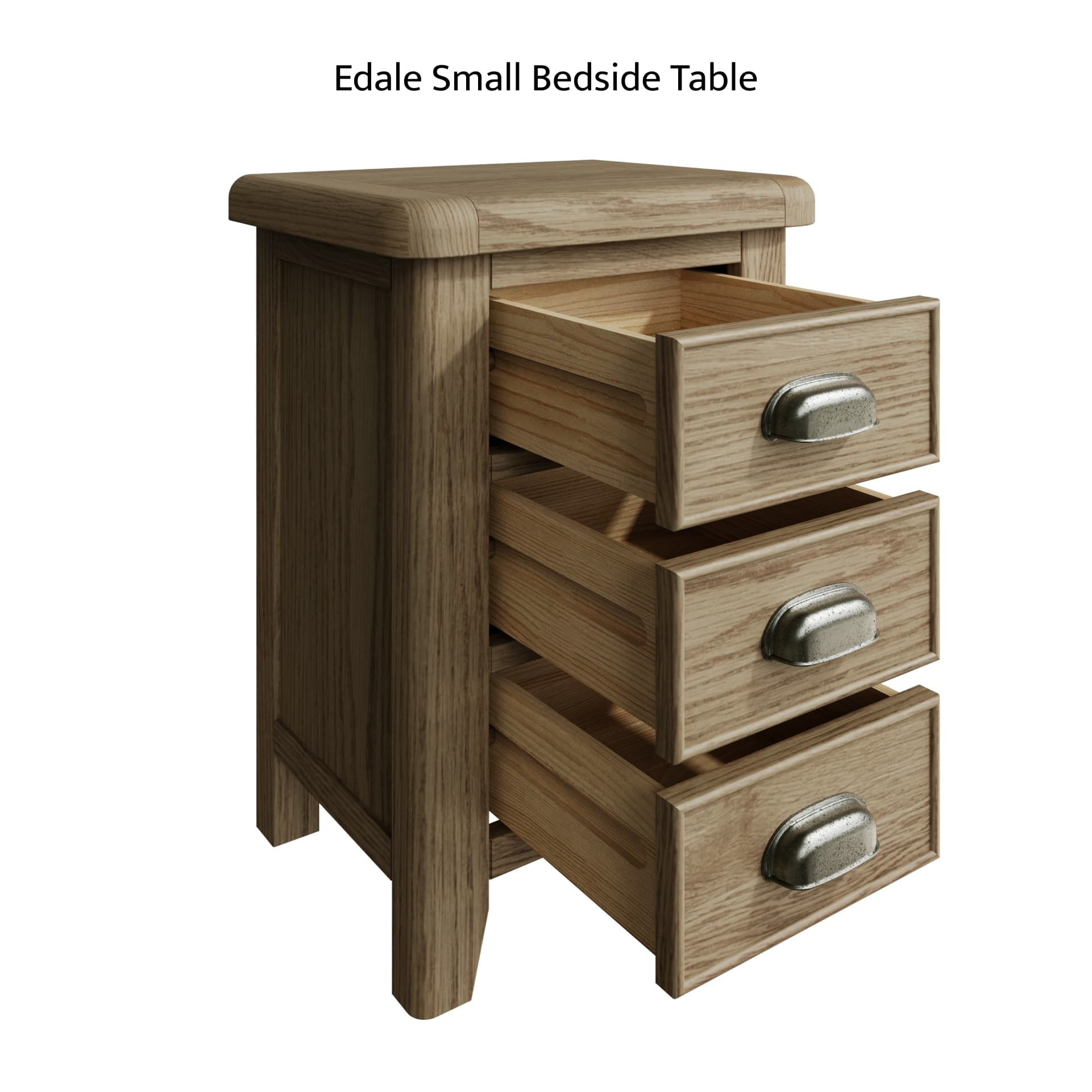 Small wooden bedside cabinet is shown with 3 drawers open revealing dovetailed design and slider mechanism