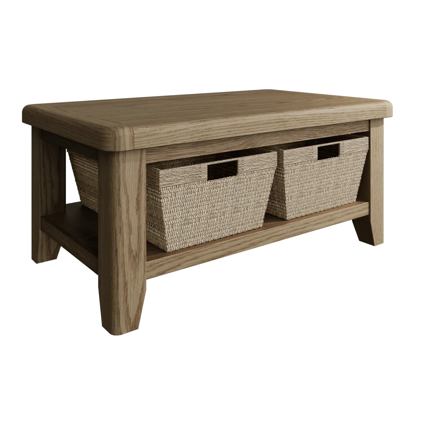 Oak coffee table with 4 wicker baskets shown separately without distractions