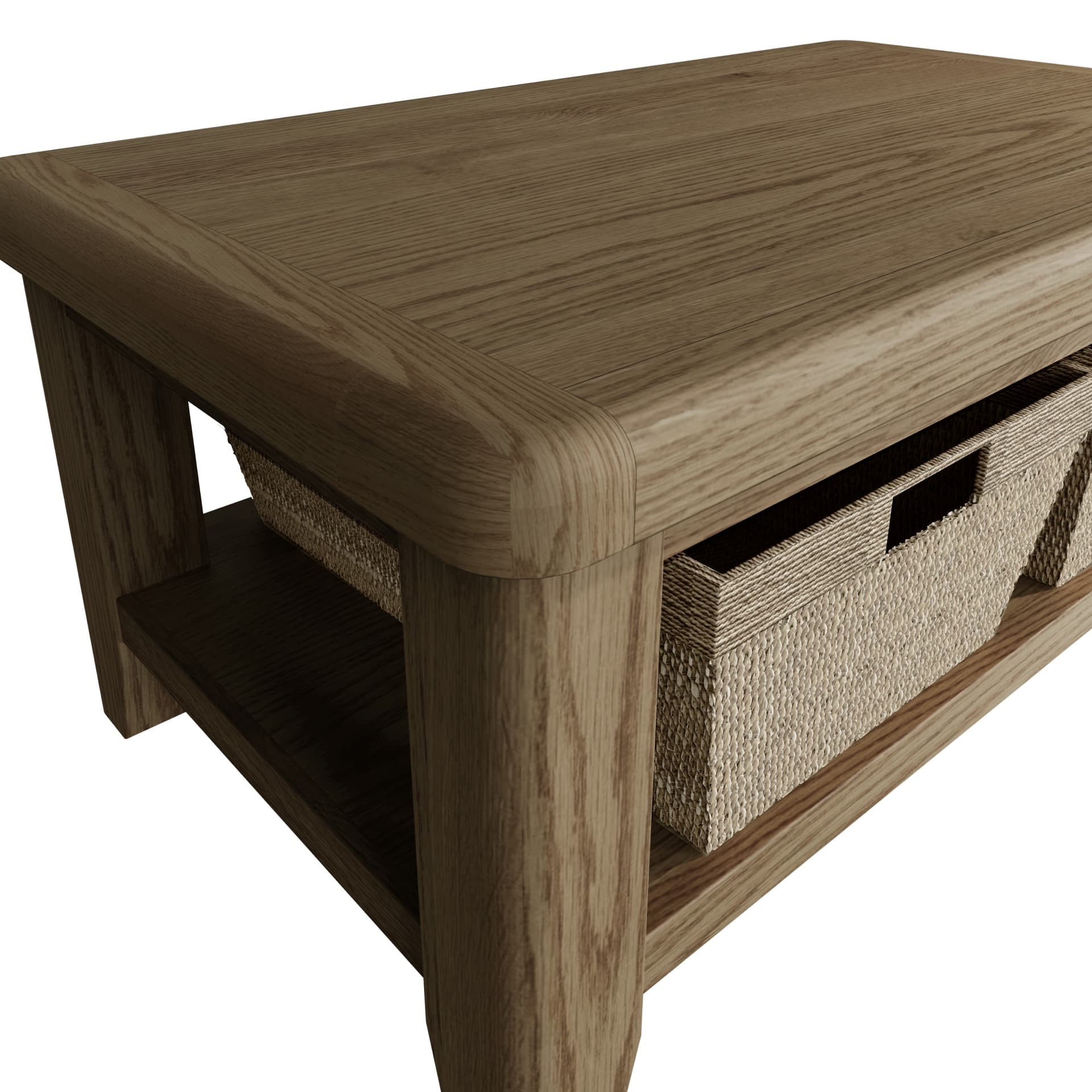 Close view on table top, rounded corners and edges and wicker baskets of the oak coffee table