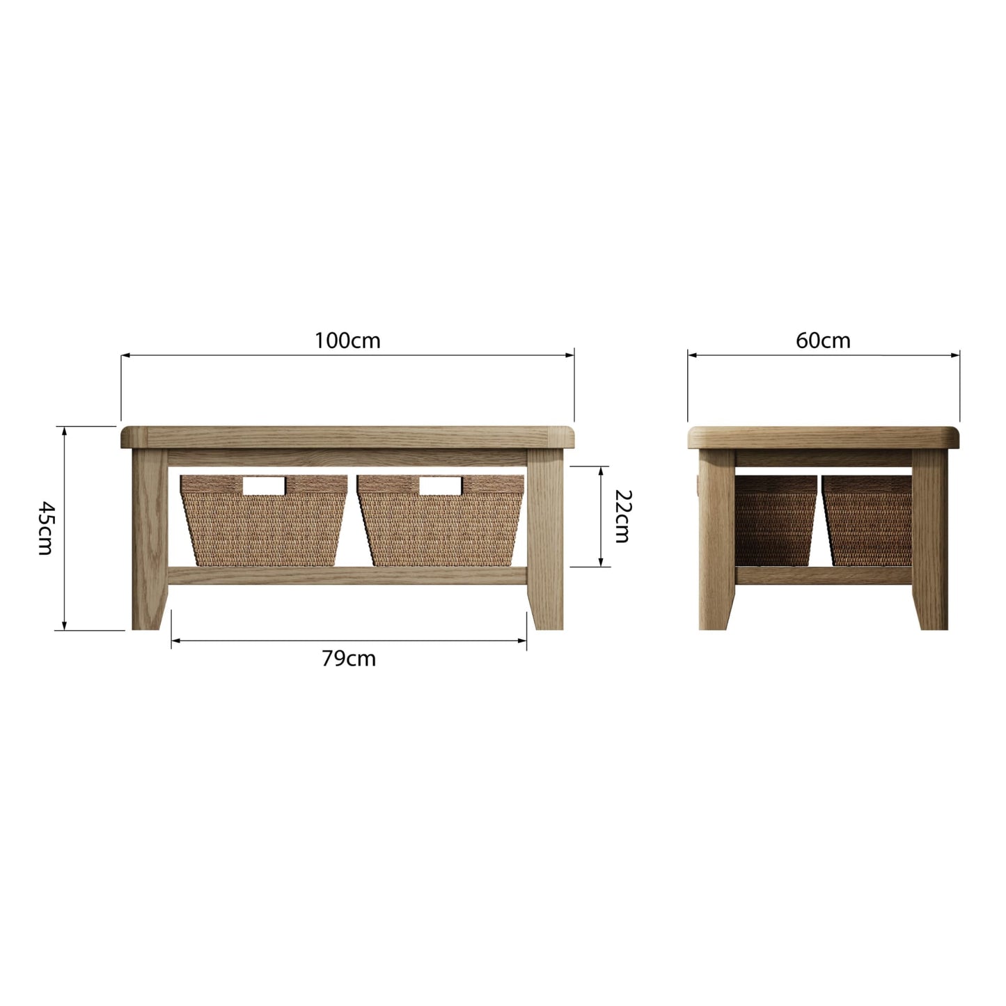 Oak coffee table with shelf and storage wicker baskets is shown from both sides with dimension details