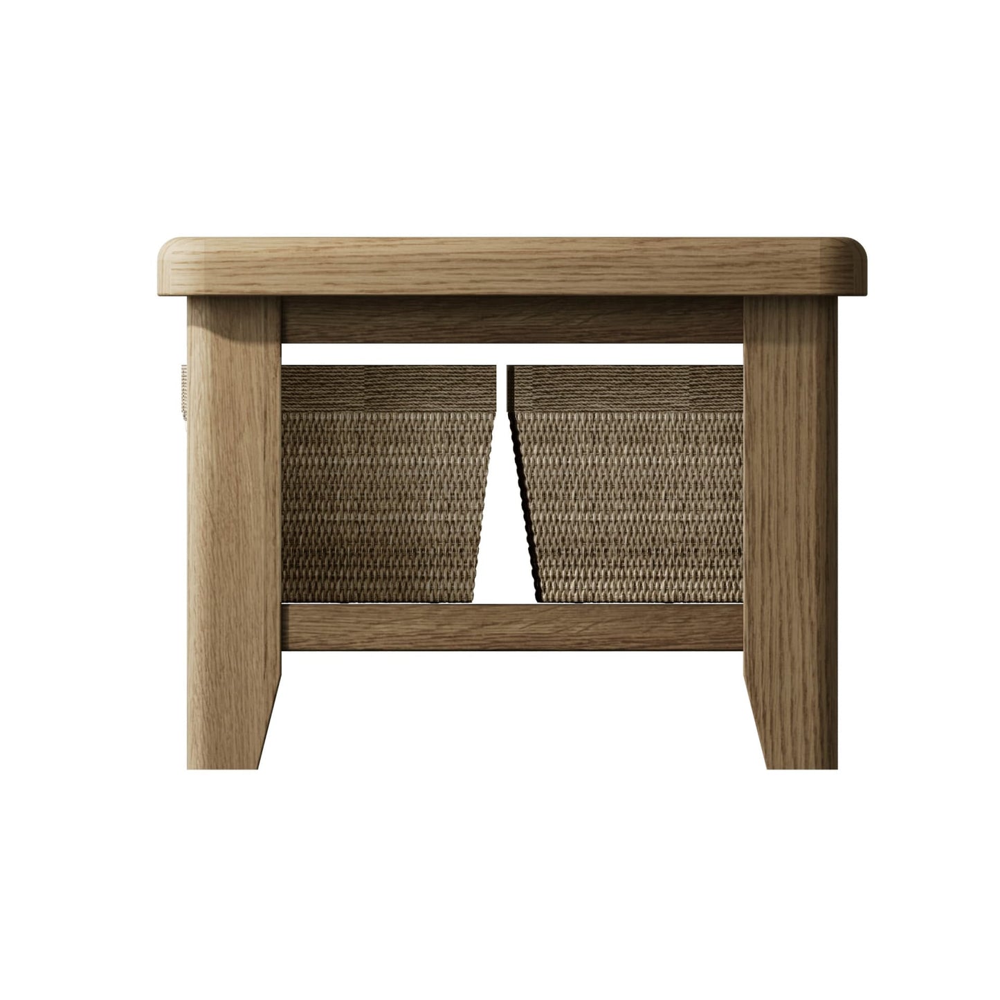 Oak coffee table with shelf and storage wicker baskets shown from the shorter side revealing two rows of baskets included with the coffee table