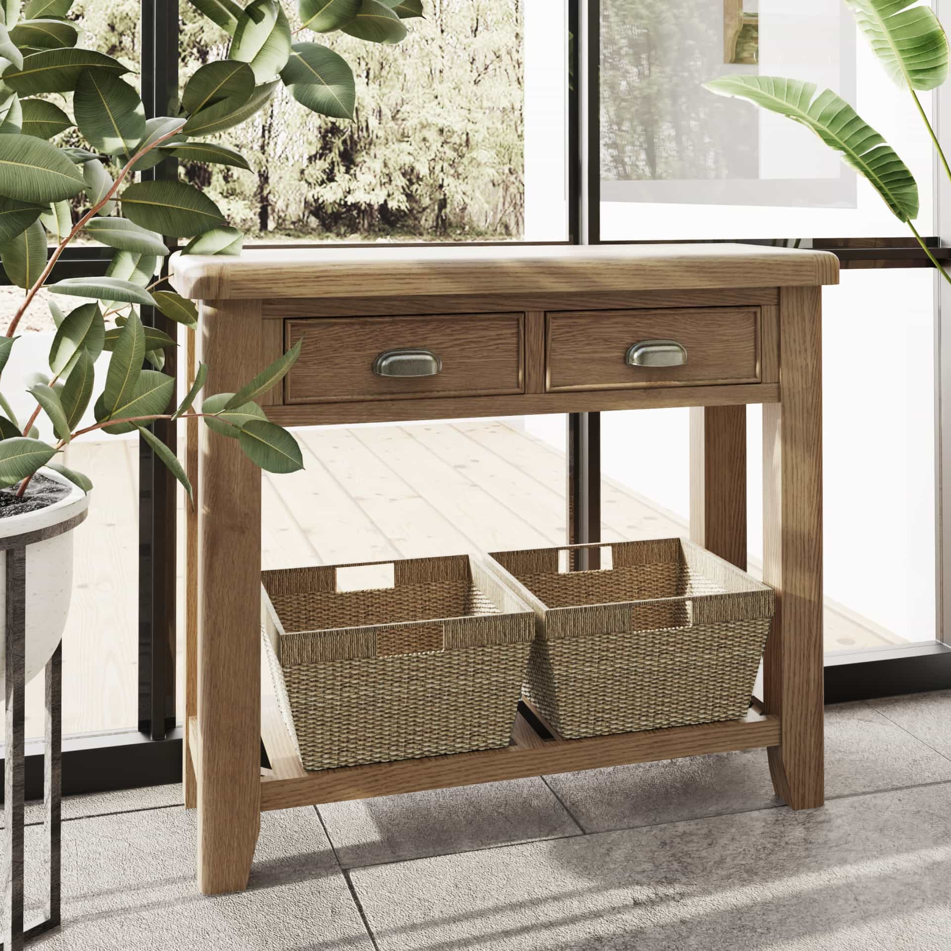 Oak Console Table with 2 Drawers and 2 Wicker Baskets is shown in a room setting