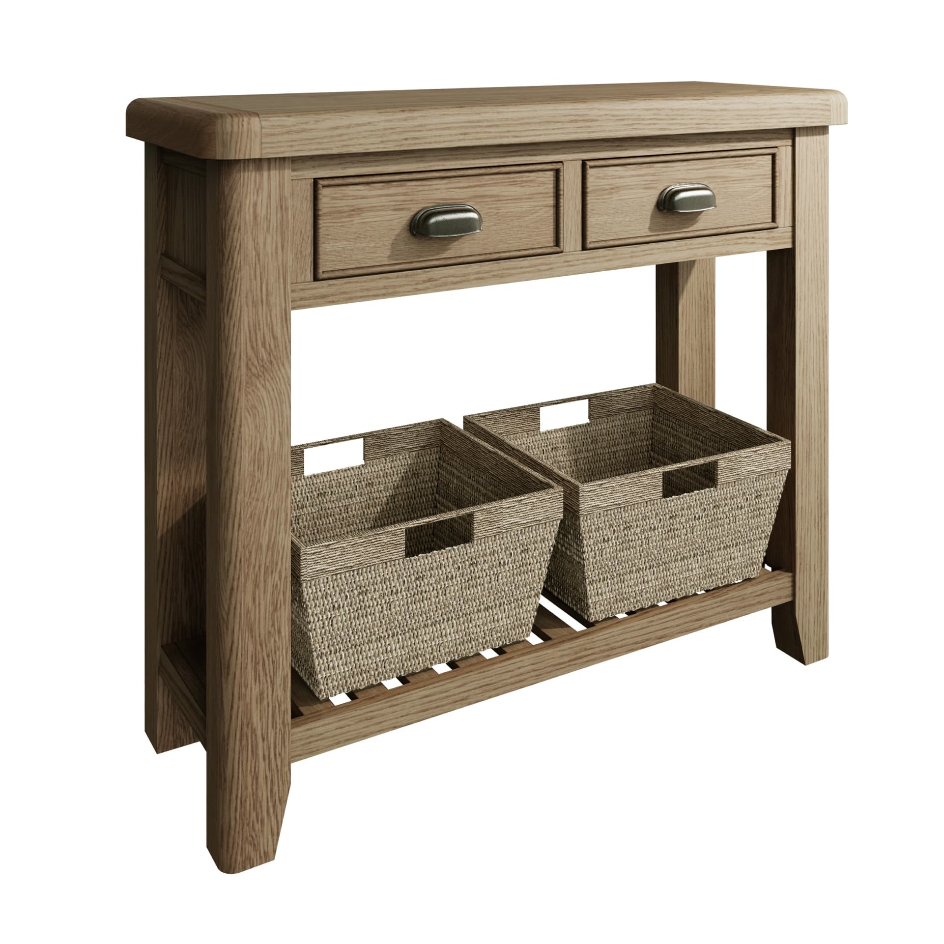 Oak Console Table with 2 Drawers and 2 Wicker Baskets is shown at an angle without distractions