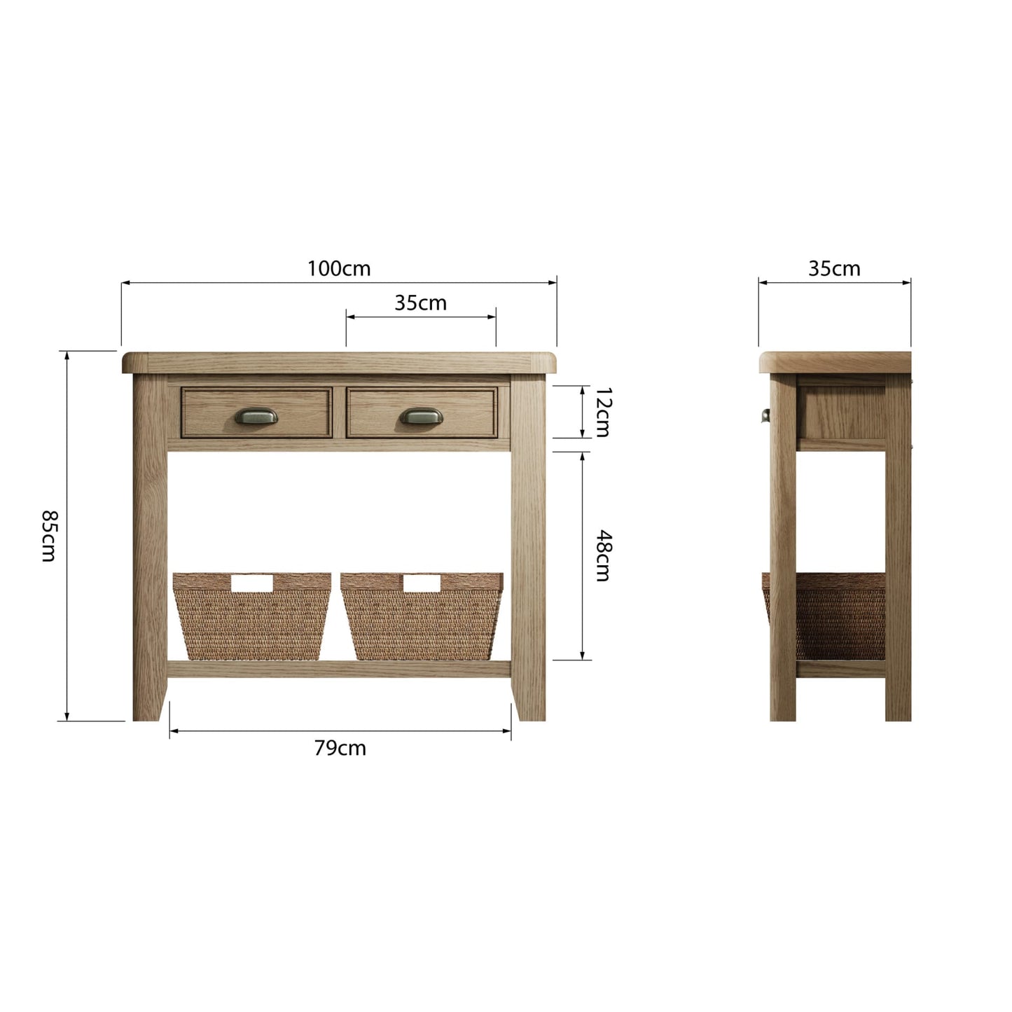 Wooden Console Table with Drawers is shown from two sides with dimension details