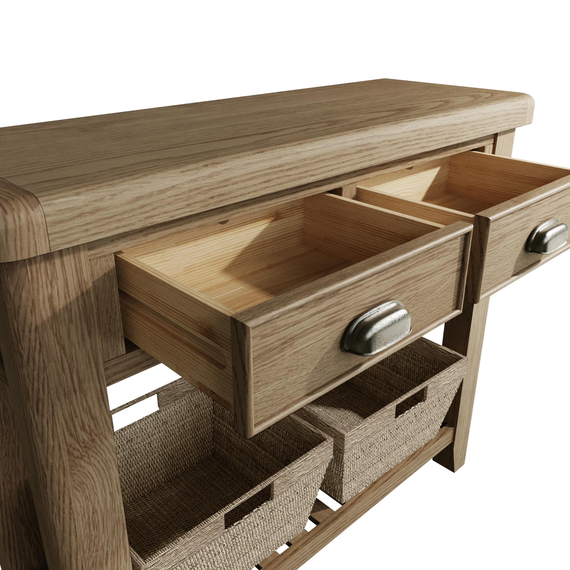 Close view on open drawers, table top and wicker baskets of the oak console table, showcasing the available storage space