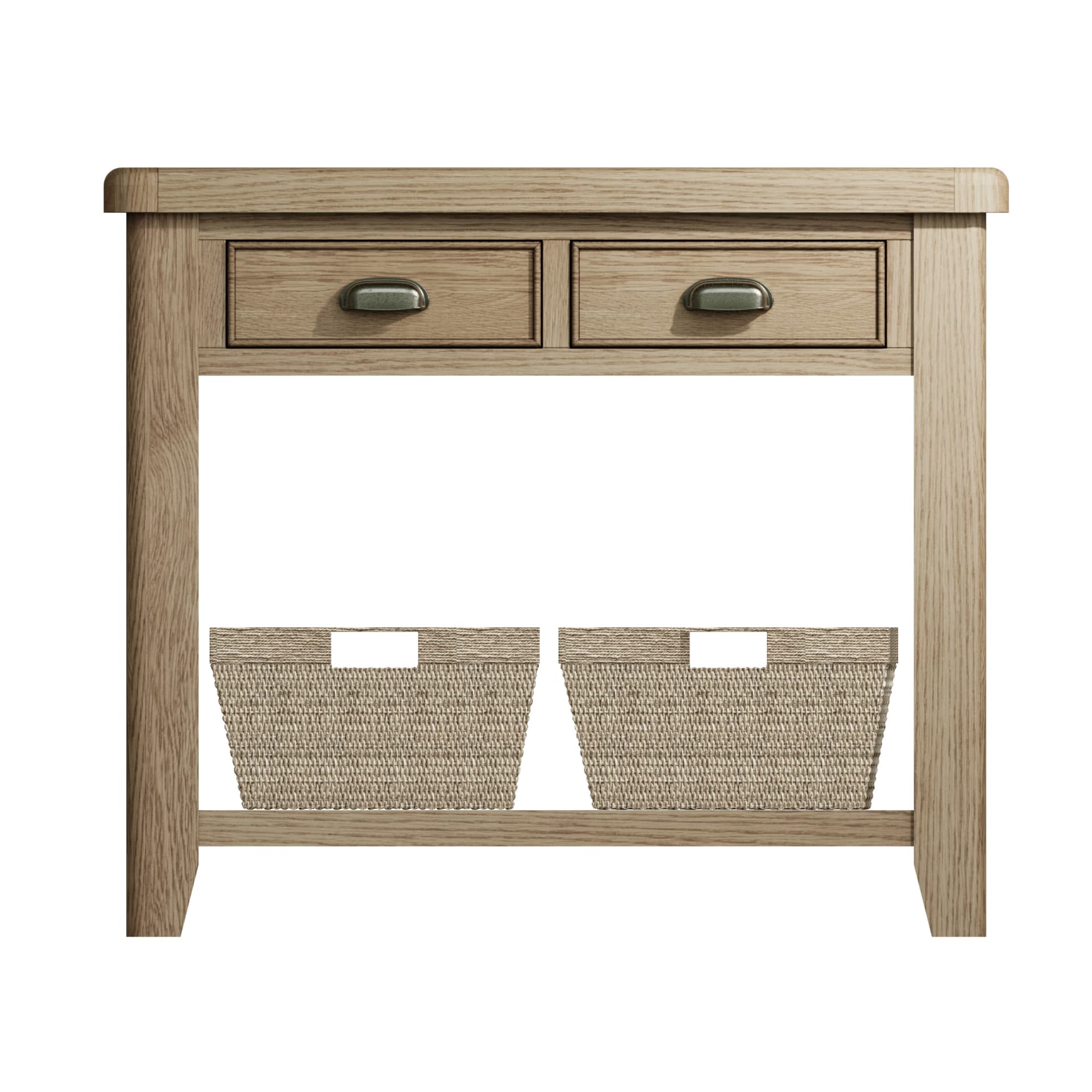 Front view of the oak console table with storage