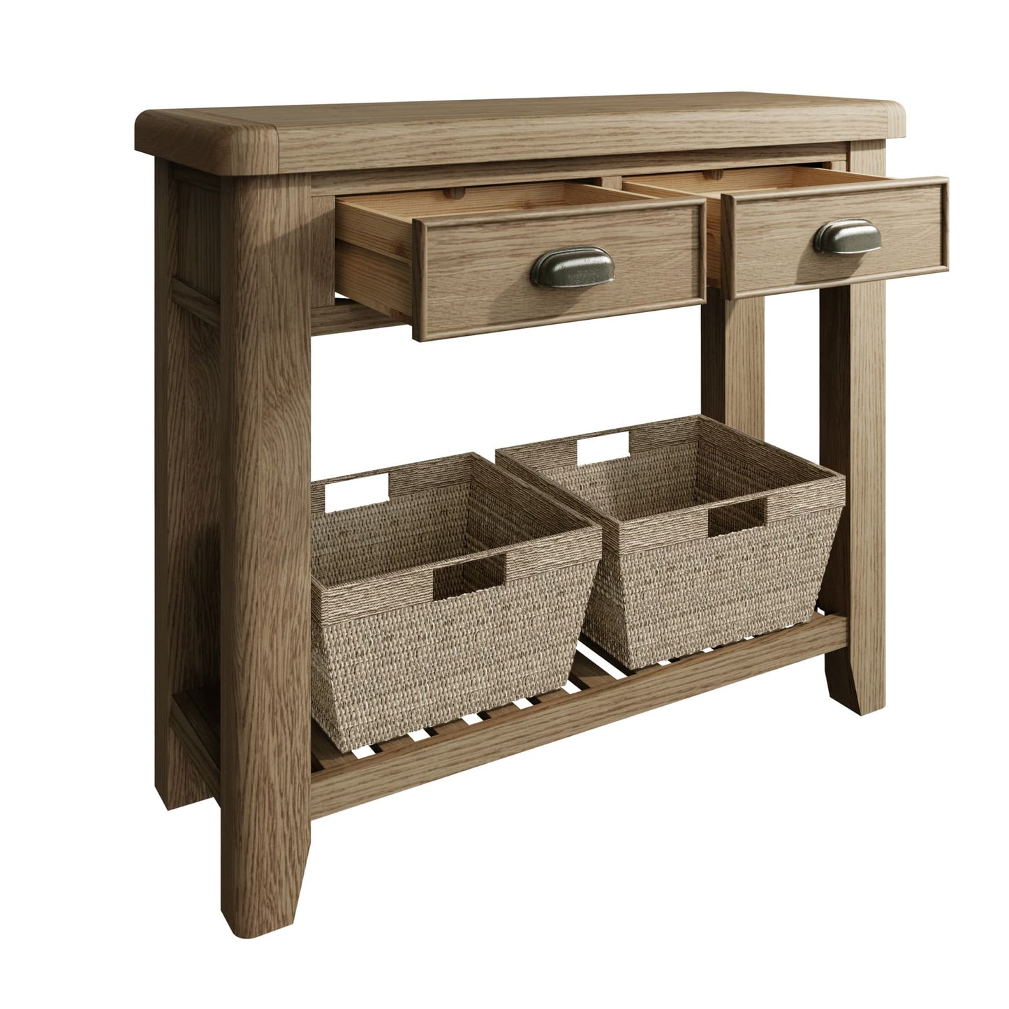 Oak console table shown with open drawers