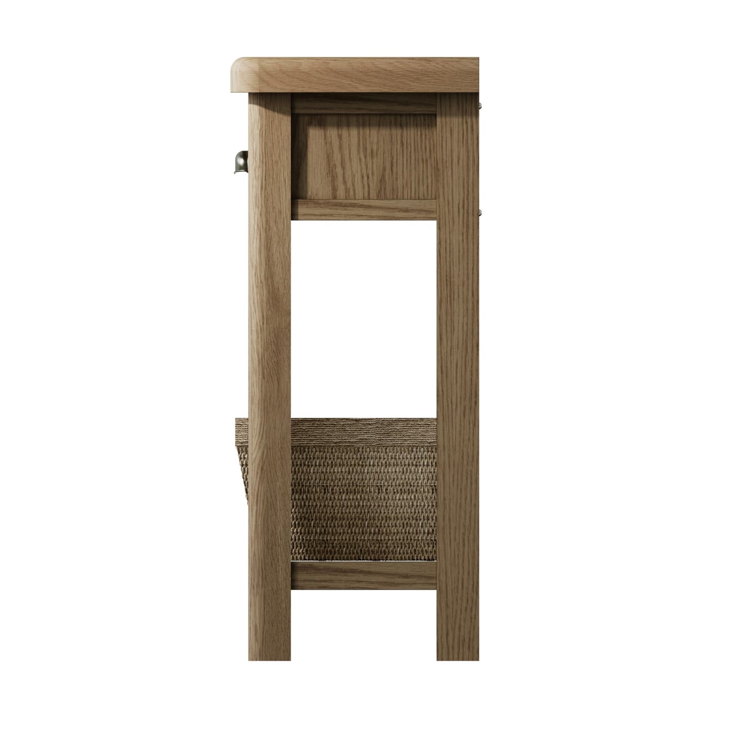 Wooden console table with drawers and wicker baskets is shown from the side