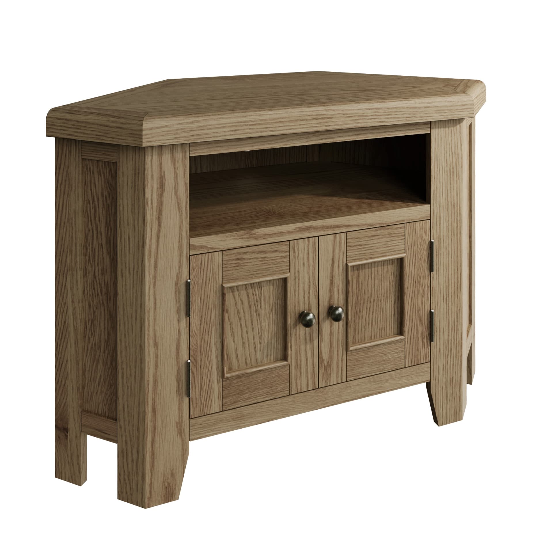 Oak corner TV stand with shelf and a 2 door cupboard is shown separately