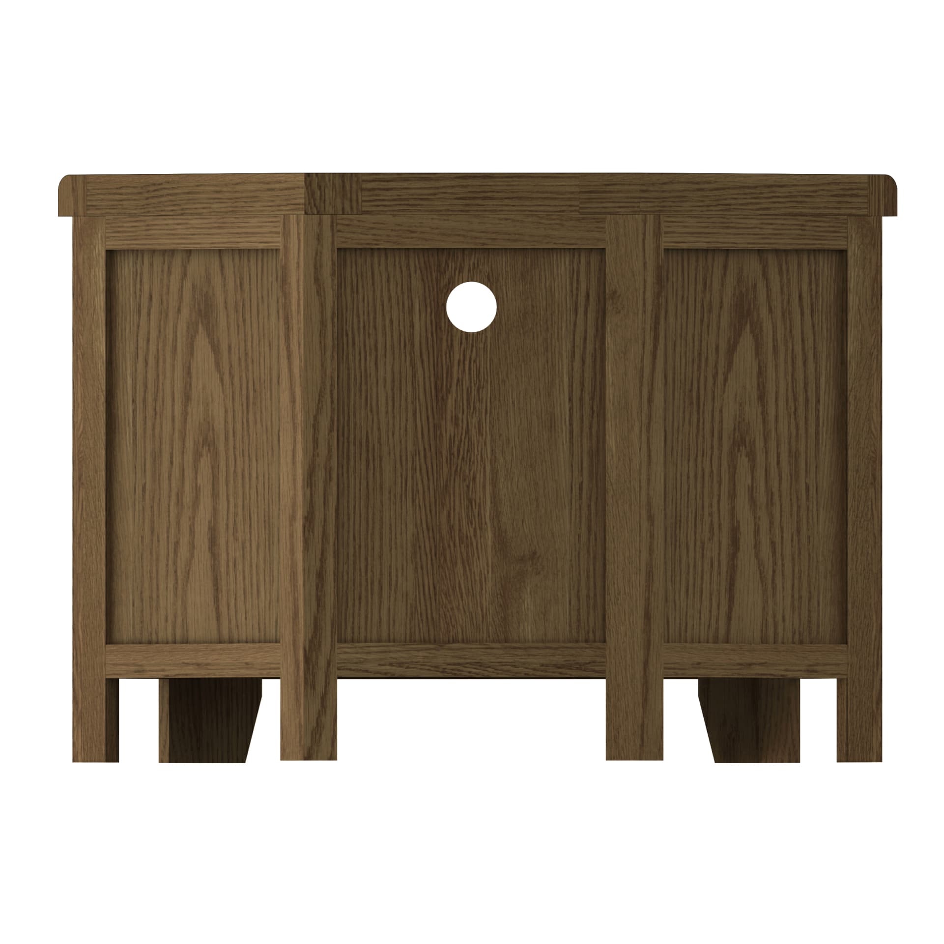 Oak corner tv stand is shown from the back revealing easy cable access hole in the shelf. The back consists of one central straight piece and two angles side parts to accommodate for the corner position