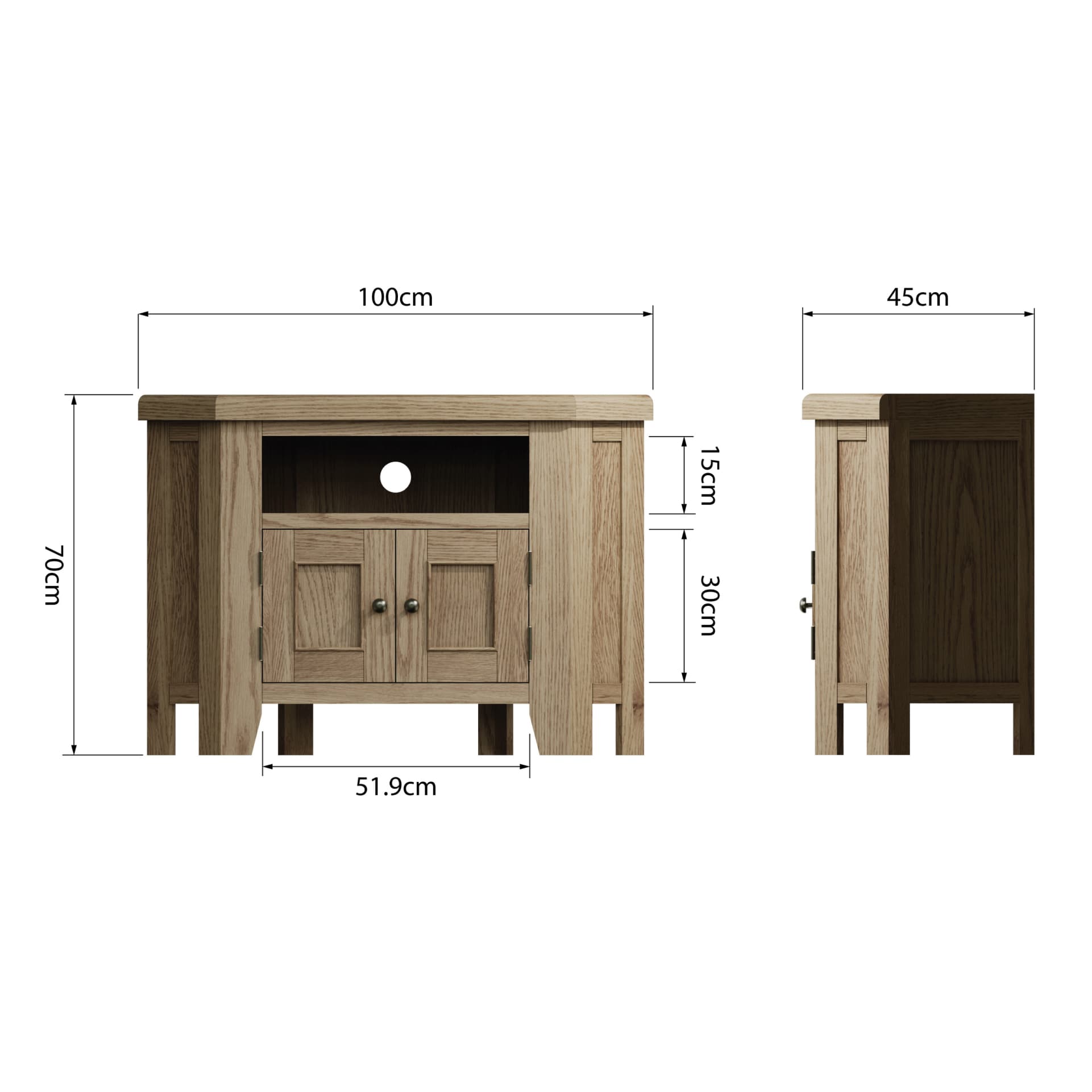 Corner oak media unit is shown from two sides with dimensions