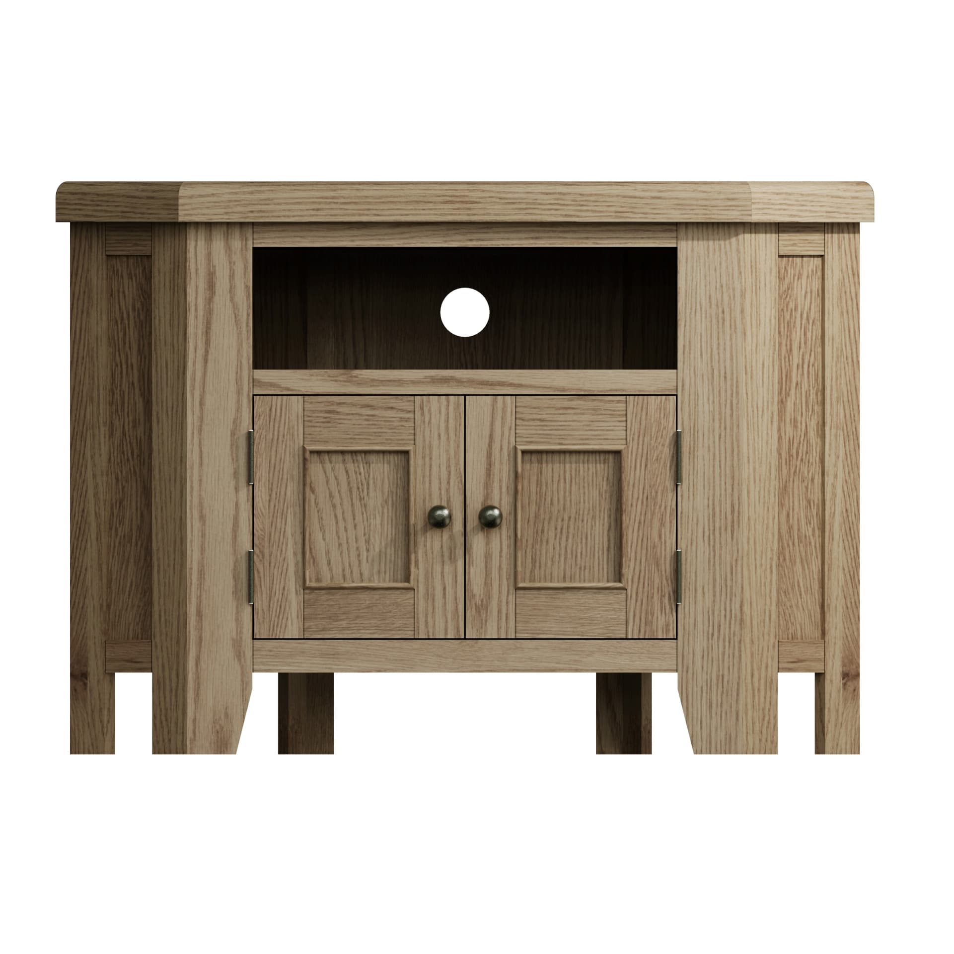 Oak corner TV stand shown from the front showcasing the shelf with cable access and 2 door cupboard