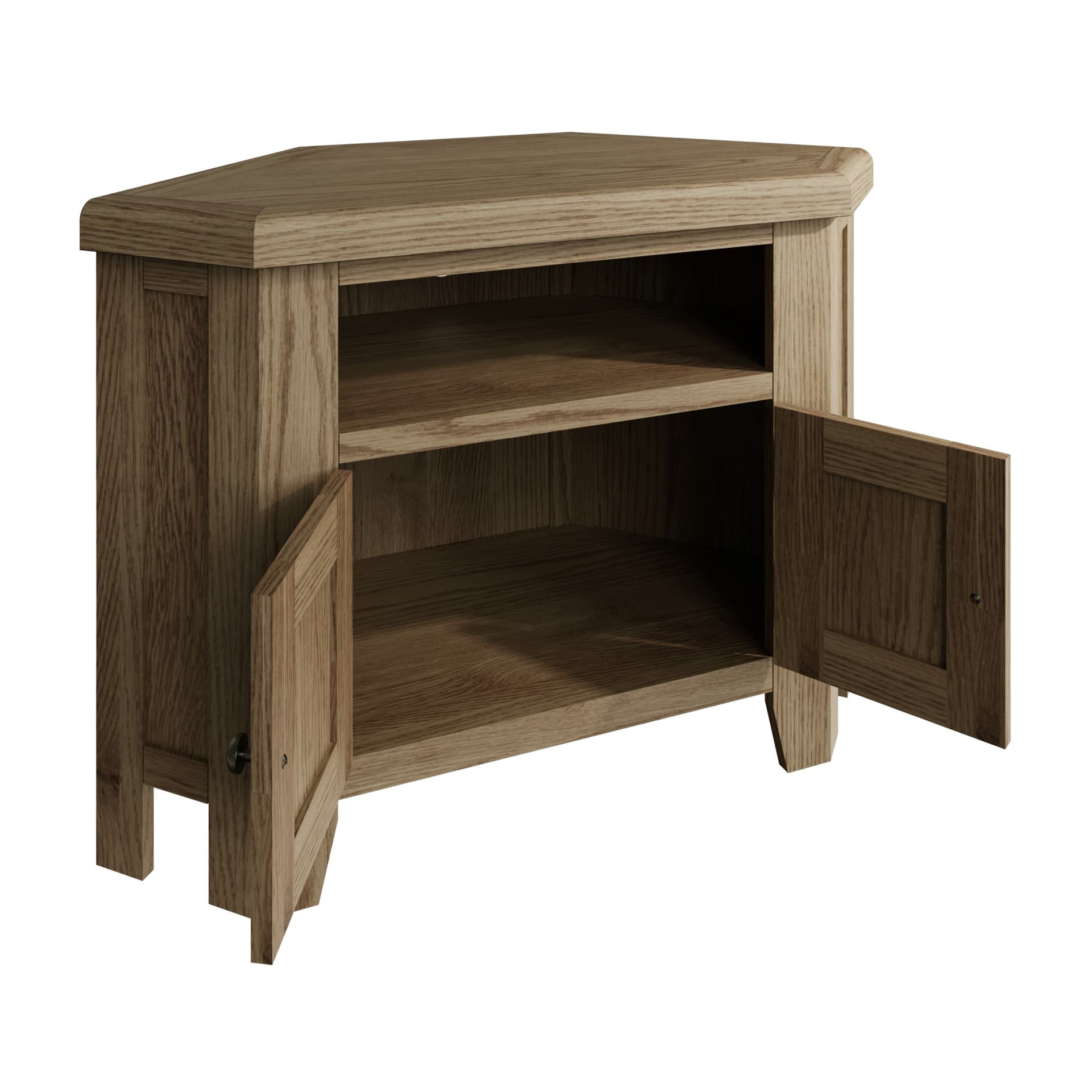Corner oak TV unit is shown with open cupboard to show the storage details
