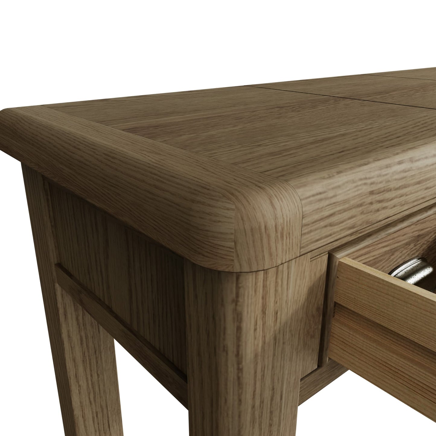 Close view on edges, corners and finishes of the oak vanity desk