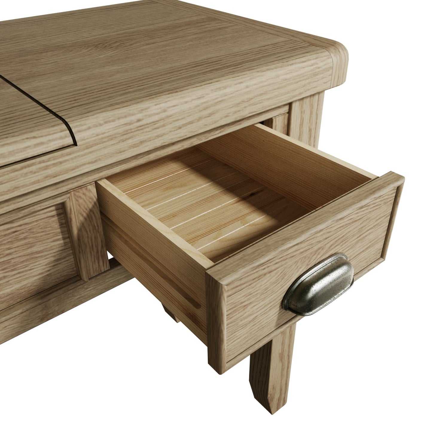 Close view on the open drawer of the oak dressing table