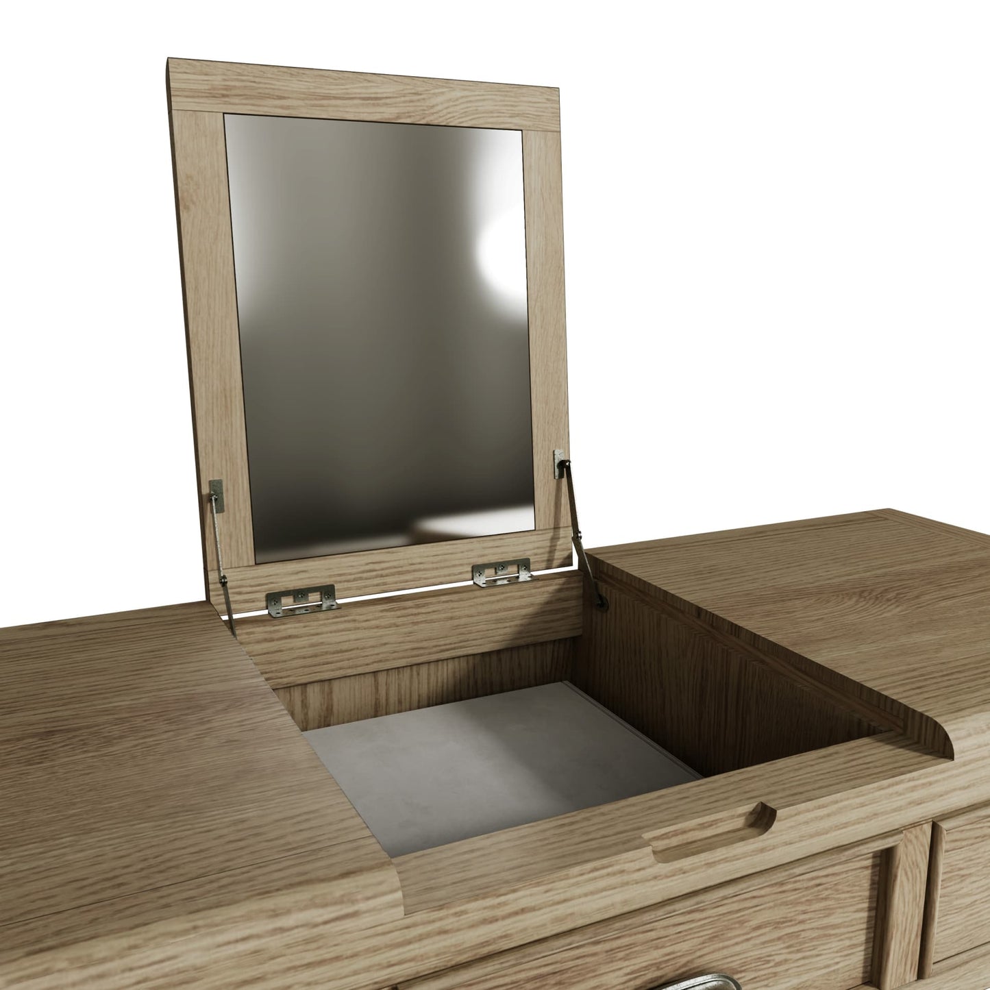 Close view on lift up hidden mirror and felt cover of the jewellery box of the dressing table