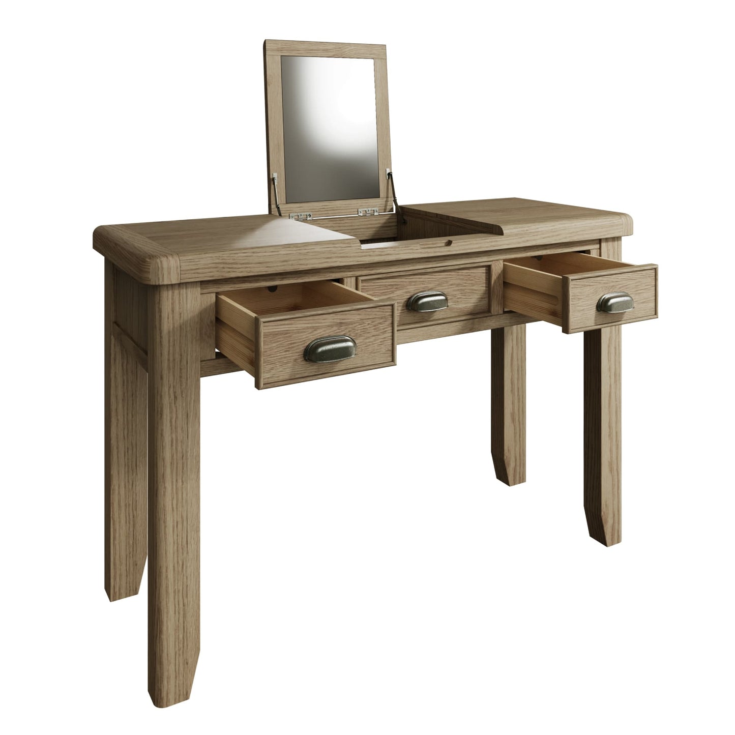 View on the oak dressing table with 2 open drawers and mirror without distractions