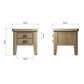 Oak side table with 2 drawers is shown from two sides with dimension details