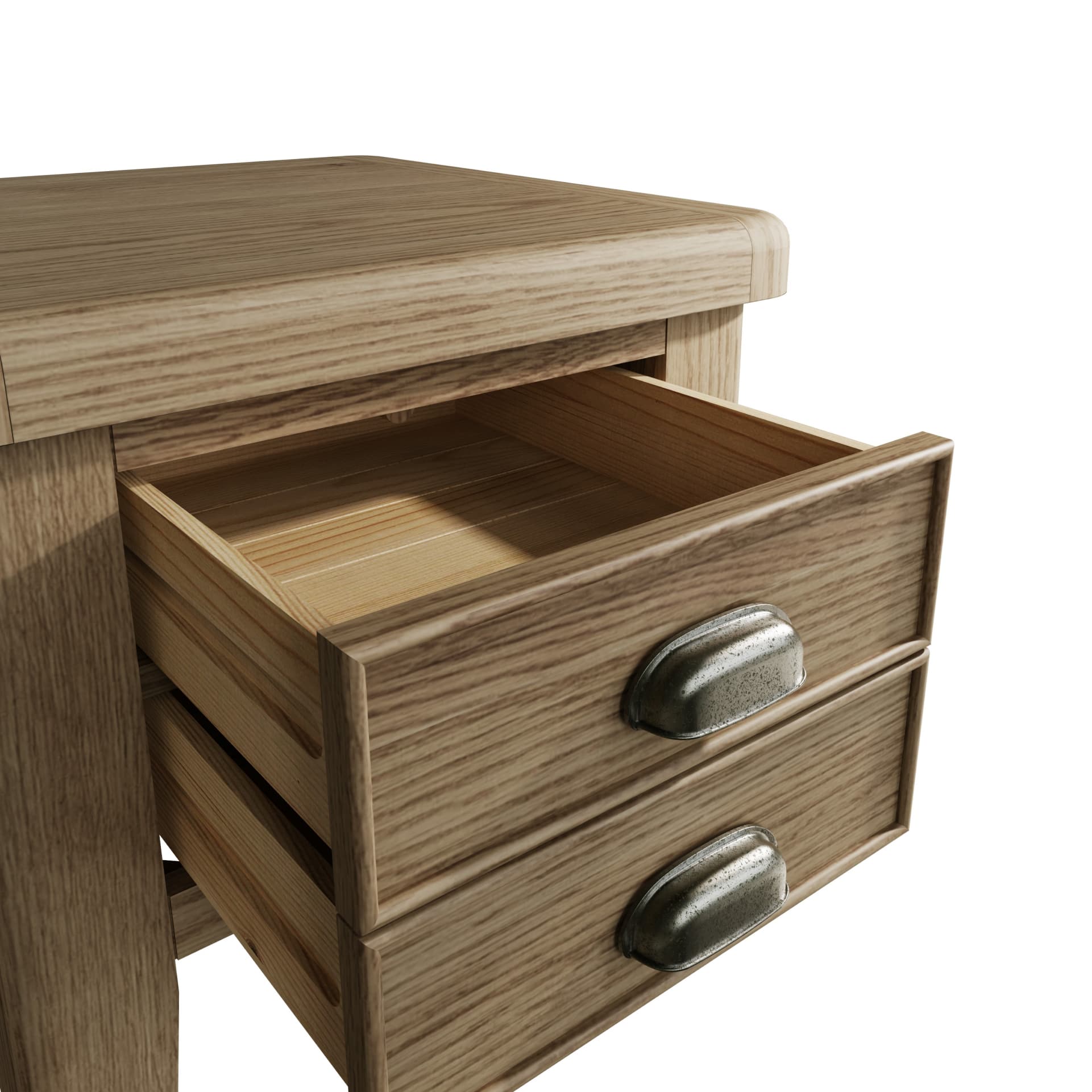 Open drawers of the side table are shown close revealing the storage space