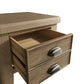 Open drawers of the side table are shown close revealing the storage space