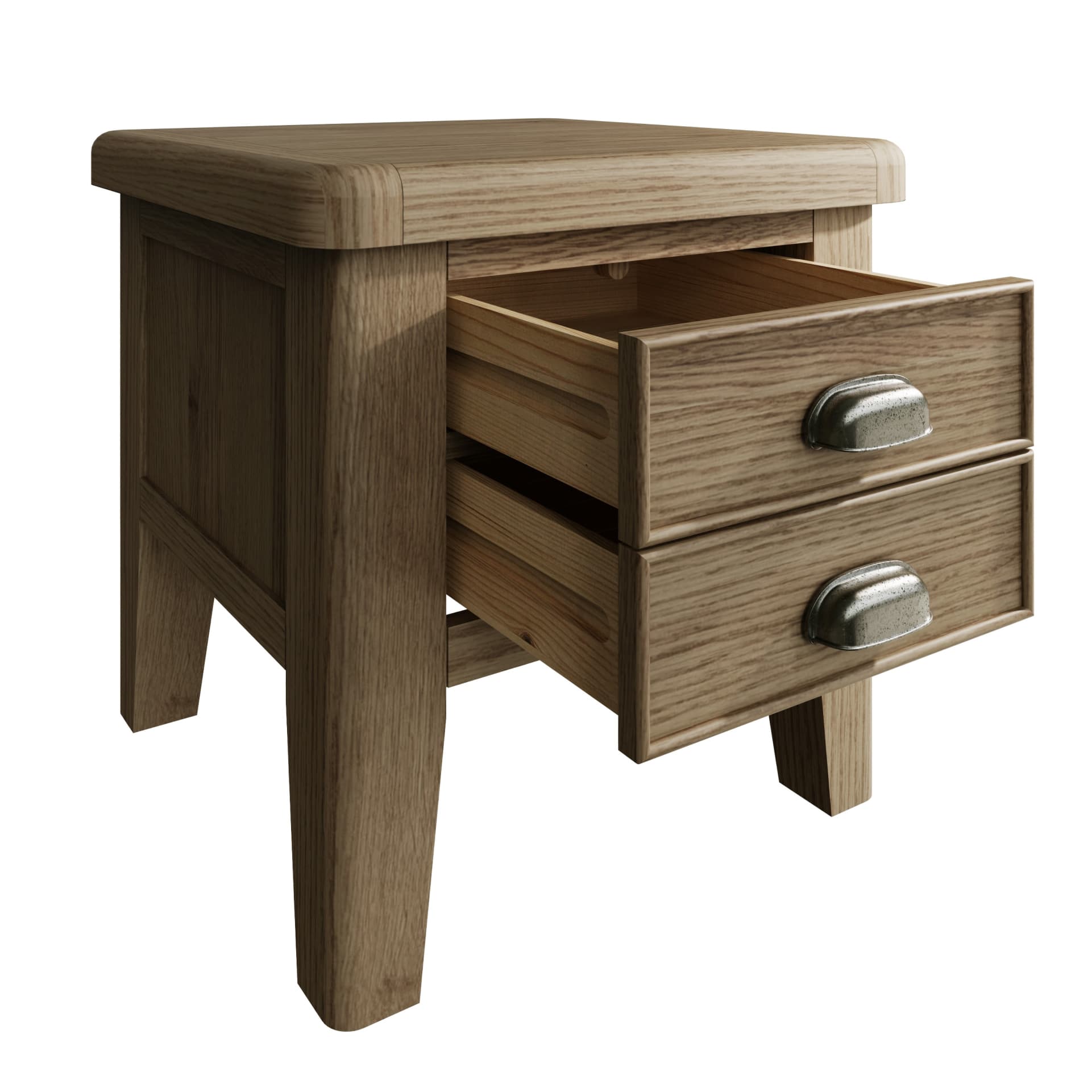 Oak lamp table is shown with 2 drawers open