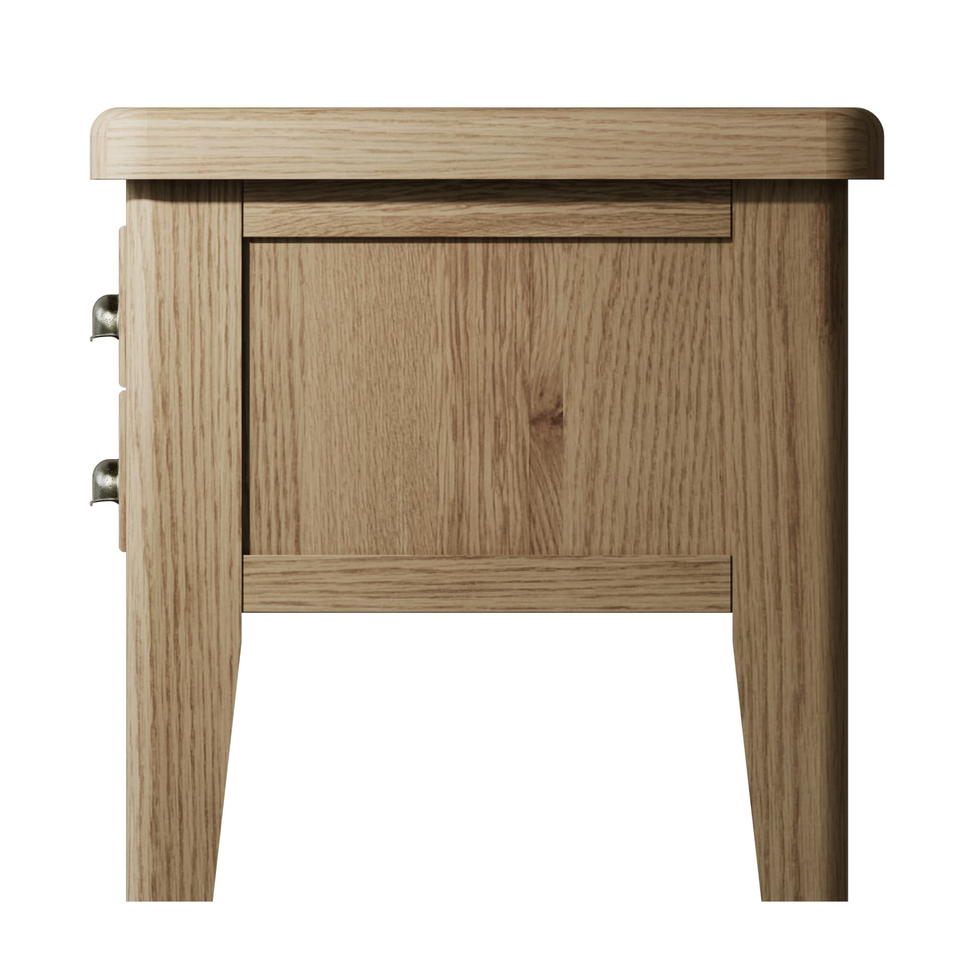 Wooden side table with drawers is shown from the side