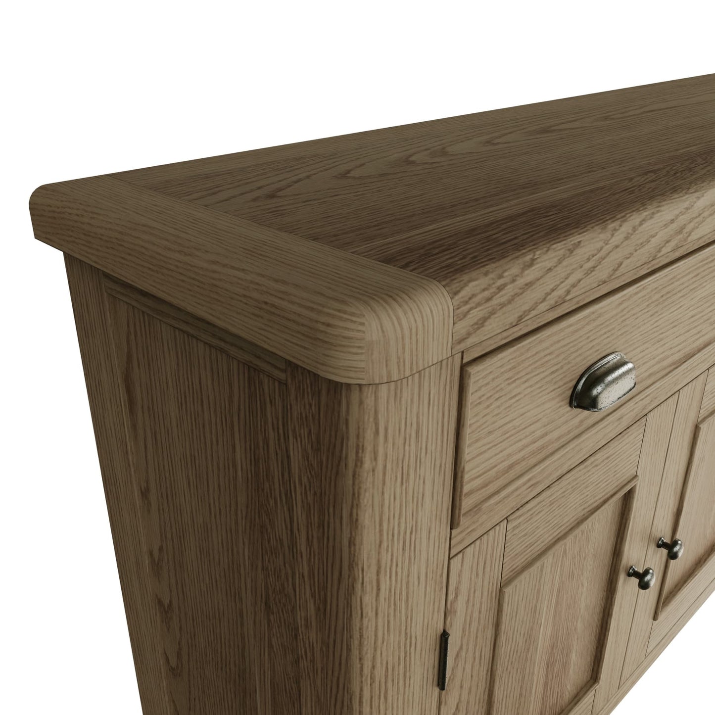 Close view on the chunky top and rounded corners and edges of the large oak sideboard