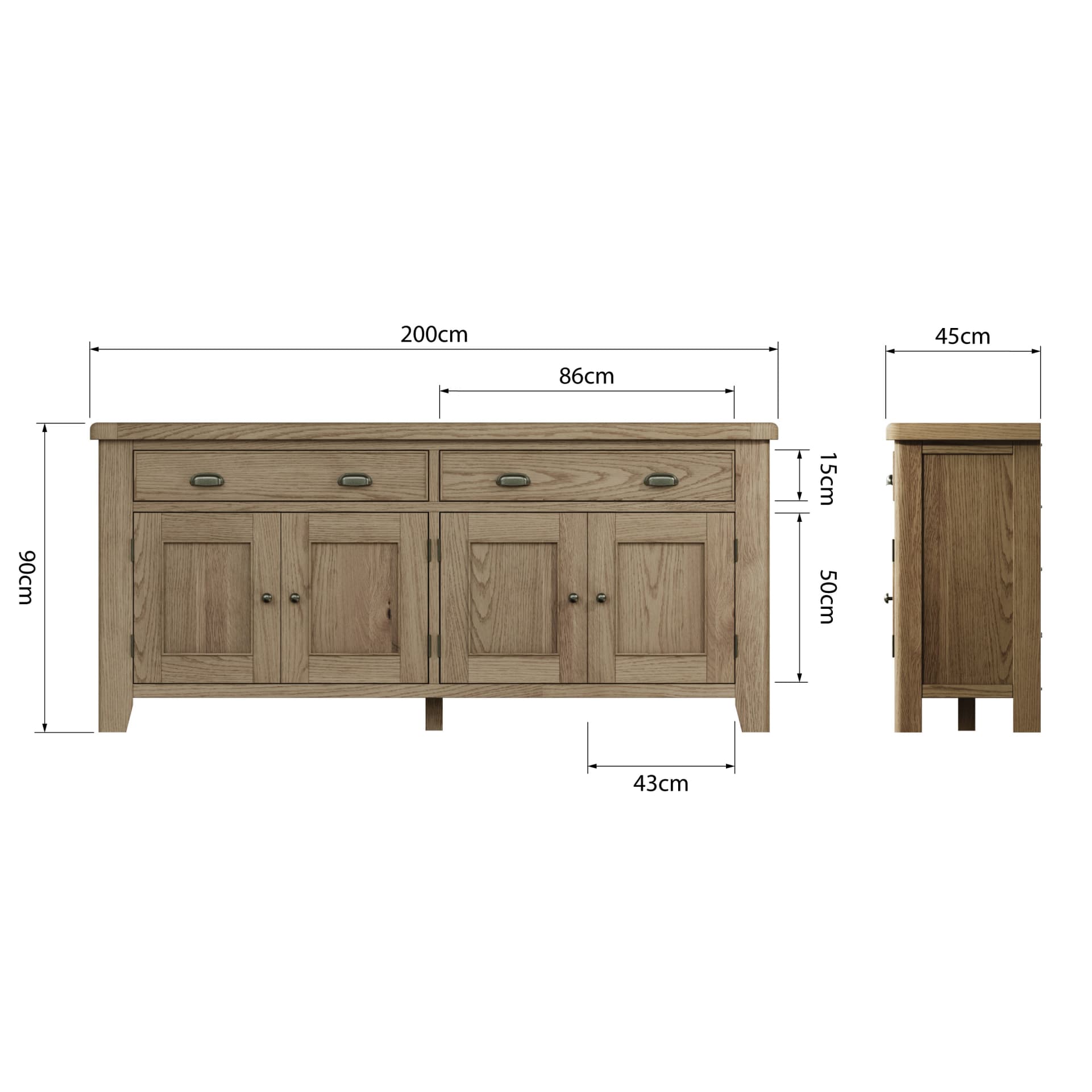 large 4 door 2 drawer oak sideboard shown from two sides with dimensions