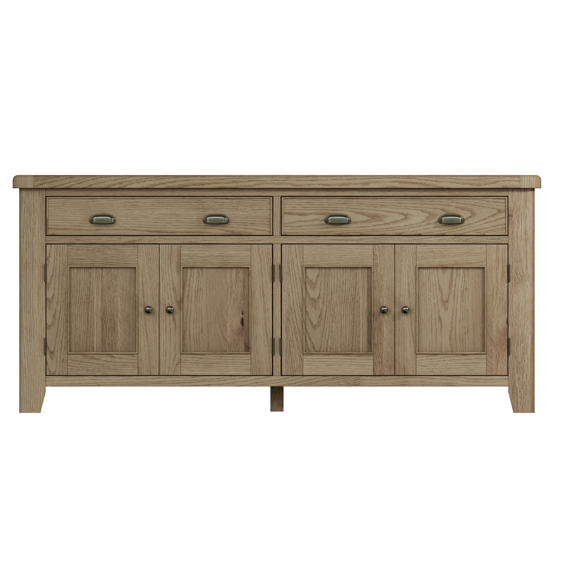 Front view of the large oak sideboard with 4 doors and 2 large drawers