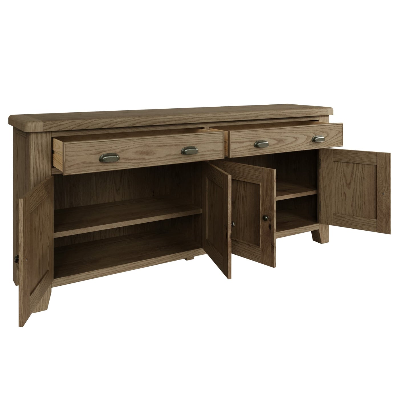 Large oak sideboard is shown with open 4 doors revealing two large cabinets with two shelves inside and with two open drawers