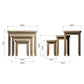 3 oak nesting side tables are shown from 2 sides with dimension details