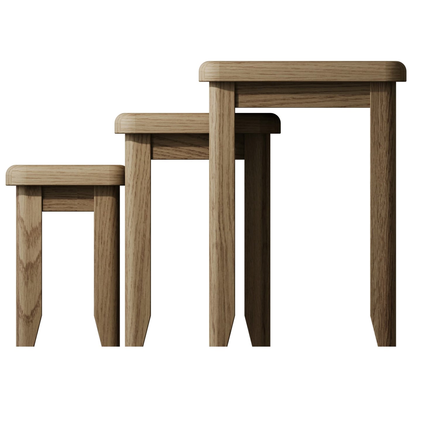 Nest of 3 oak side tables is shown from the side