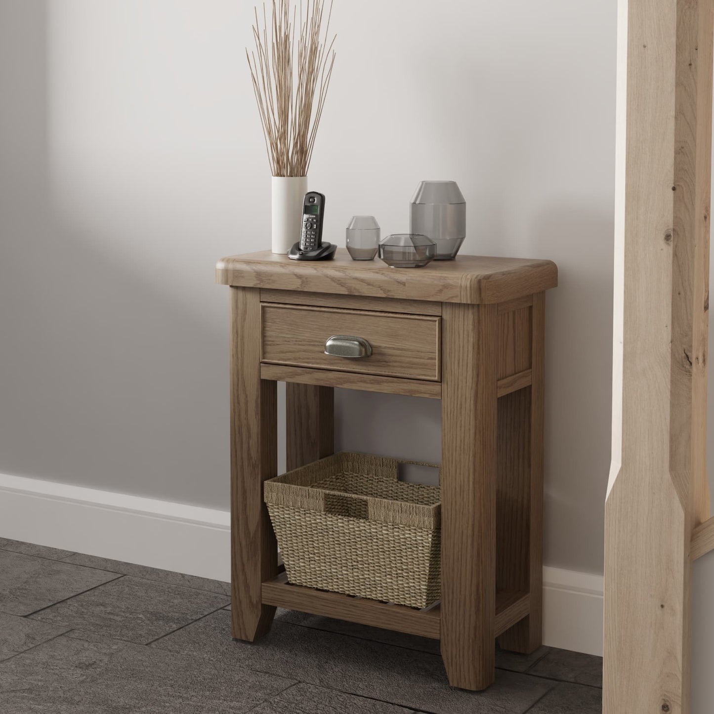 Oak Telephone Table with Storage is shown in a room setting with landline phone and decor on top