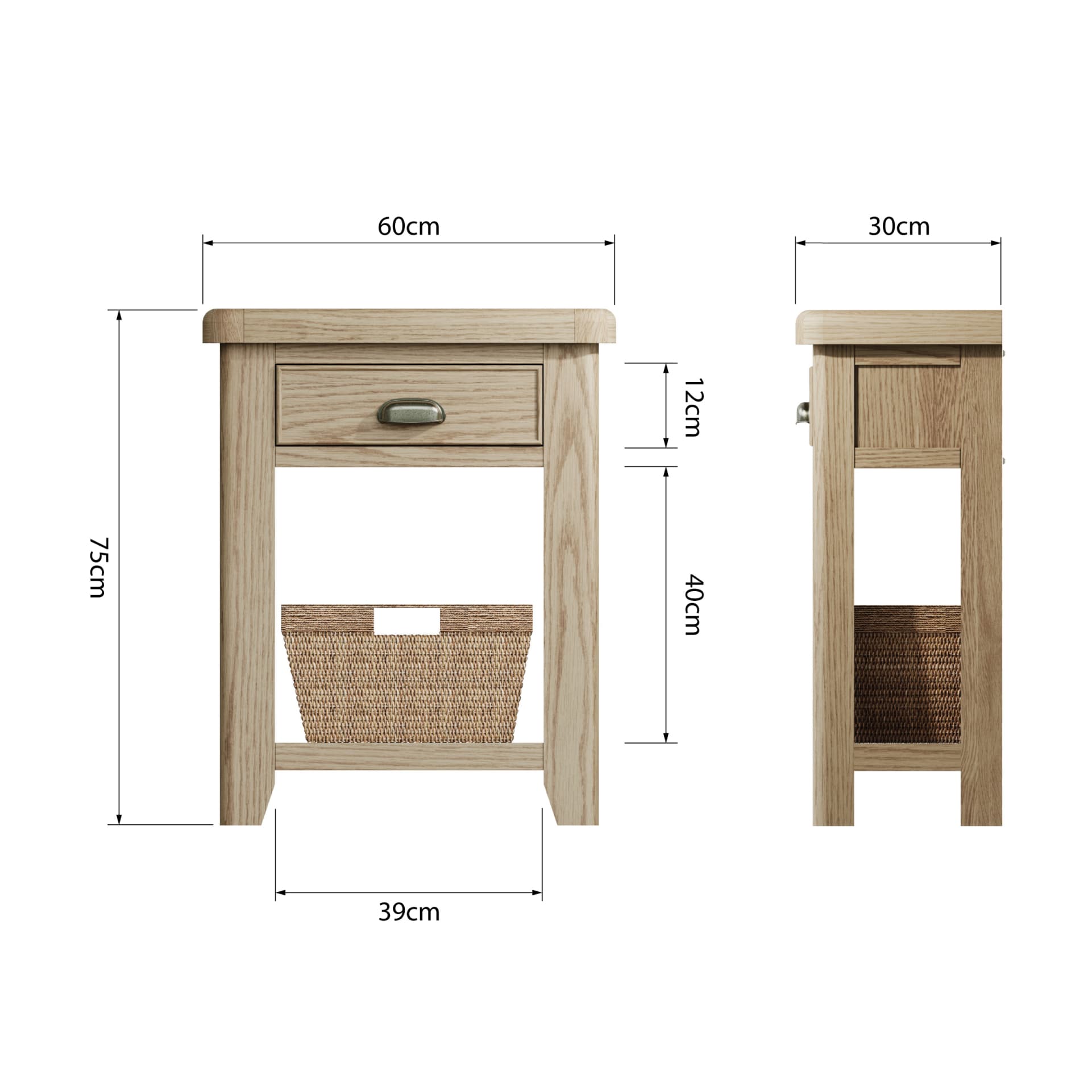 Oak Telephone Table with Storage is shown from two sides with dimension details