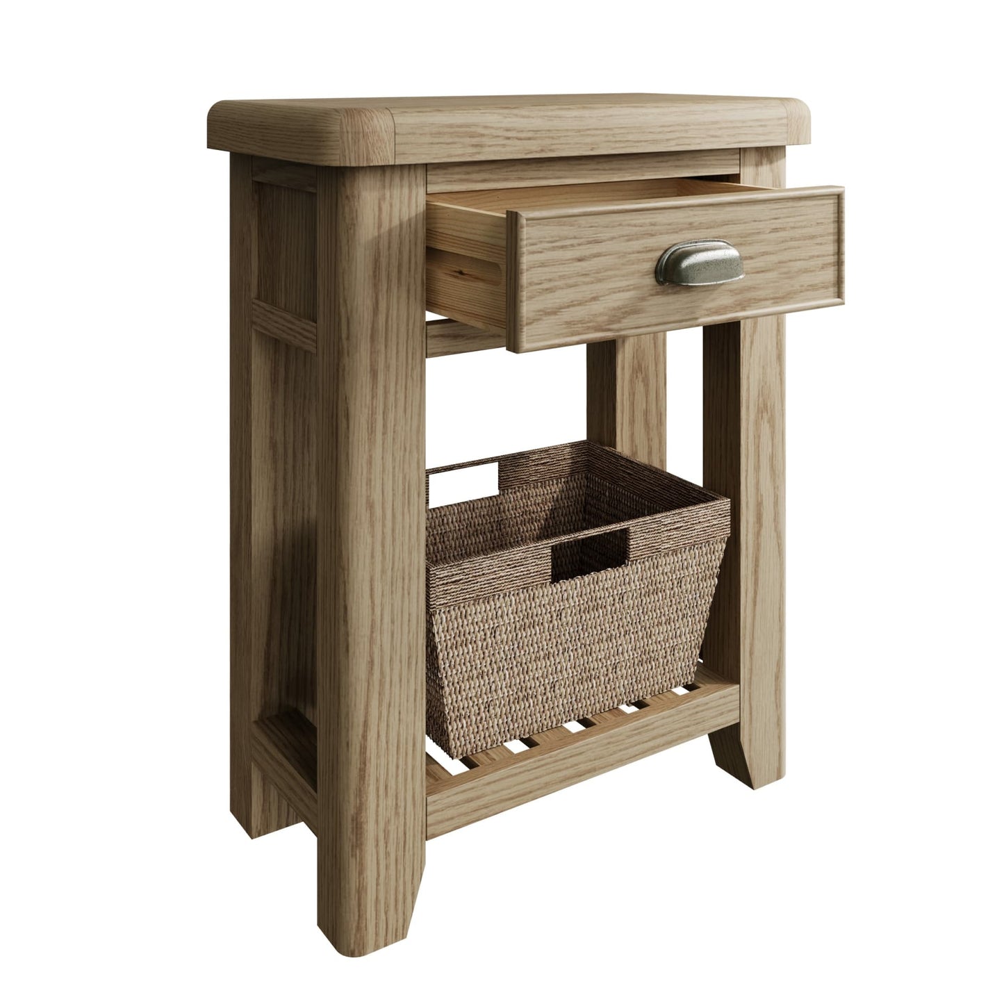 Oak Telephone Table is shown with open dovetailed drawer and a wicker basket on shelf storage