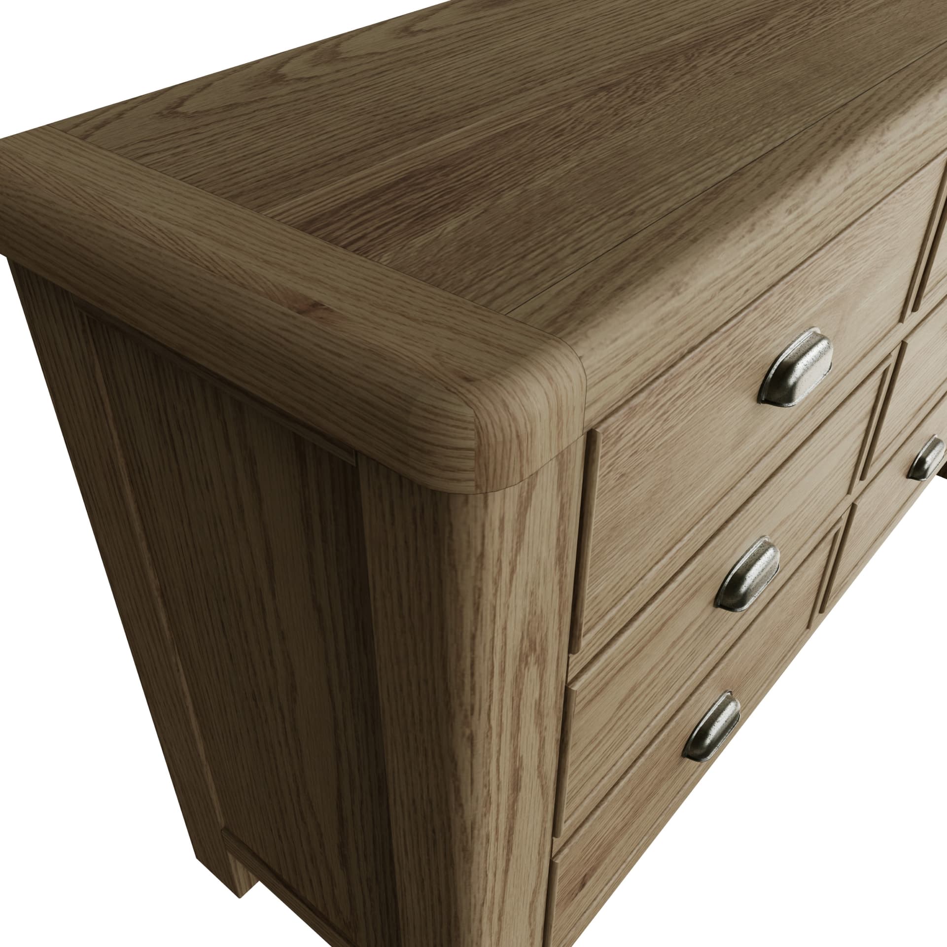 Close view on the edges, corners and finishes of the wide chest of drawers