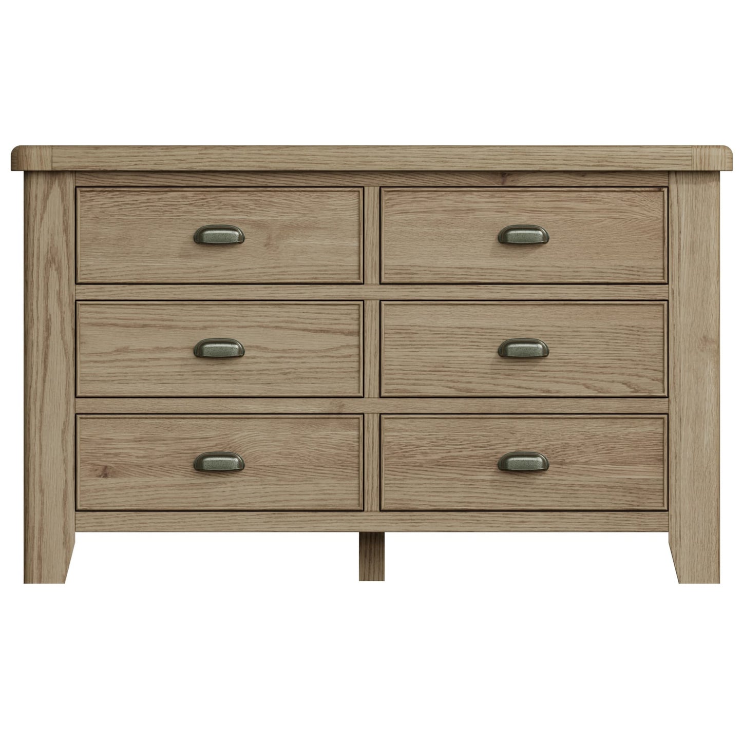 Front view of the wide 6 drawer oak chest