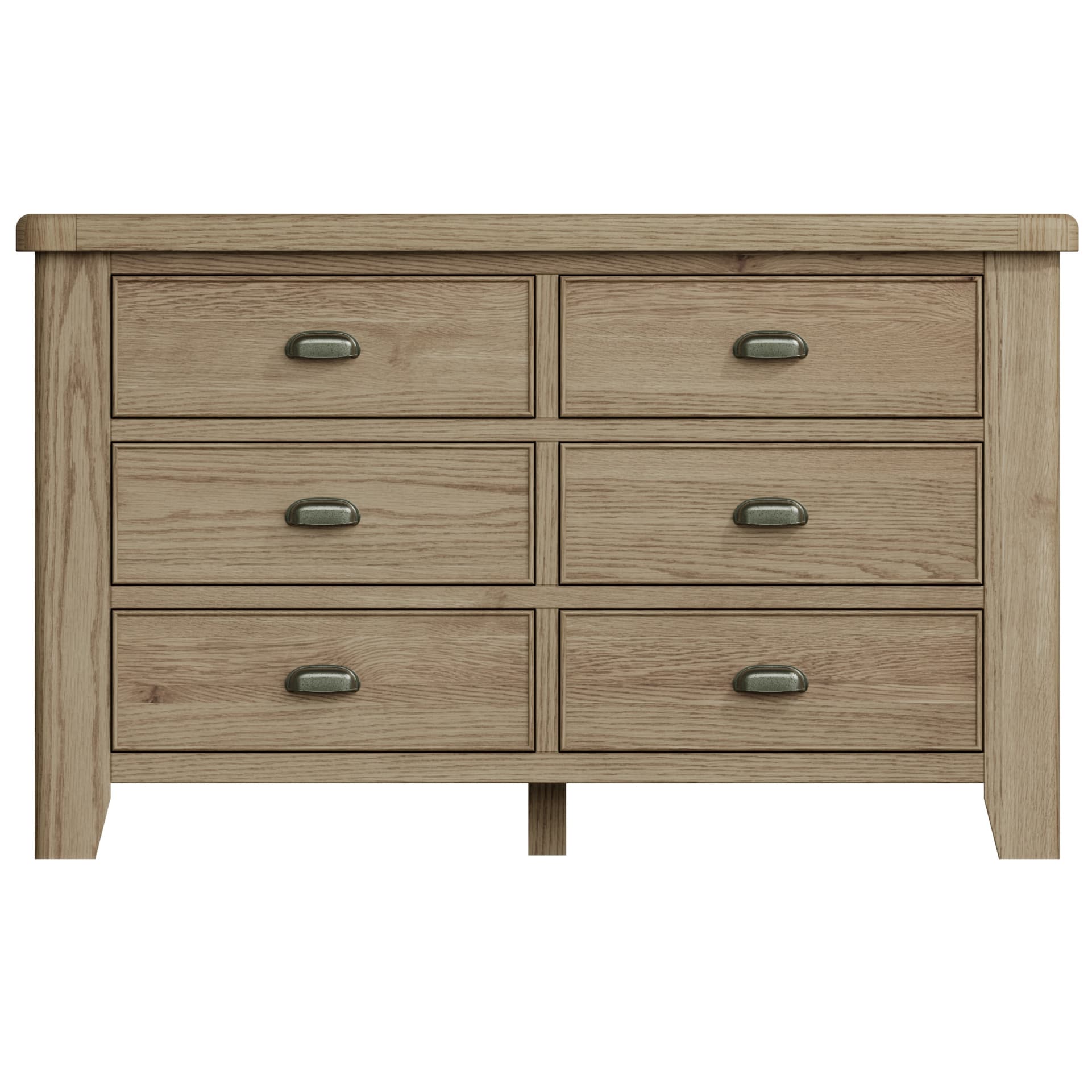 Front view of the wide 6 drawer oak chest