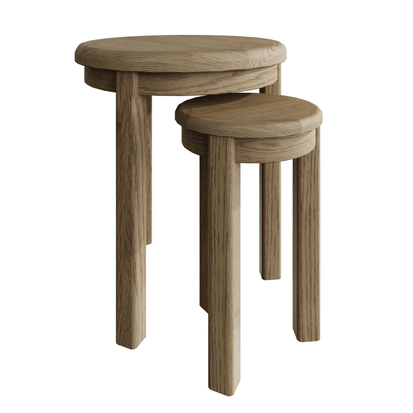 A pair of round oak nesting side tables is shown separately without distractions