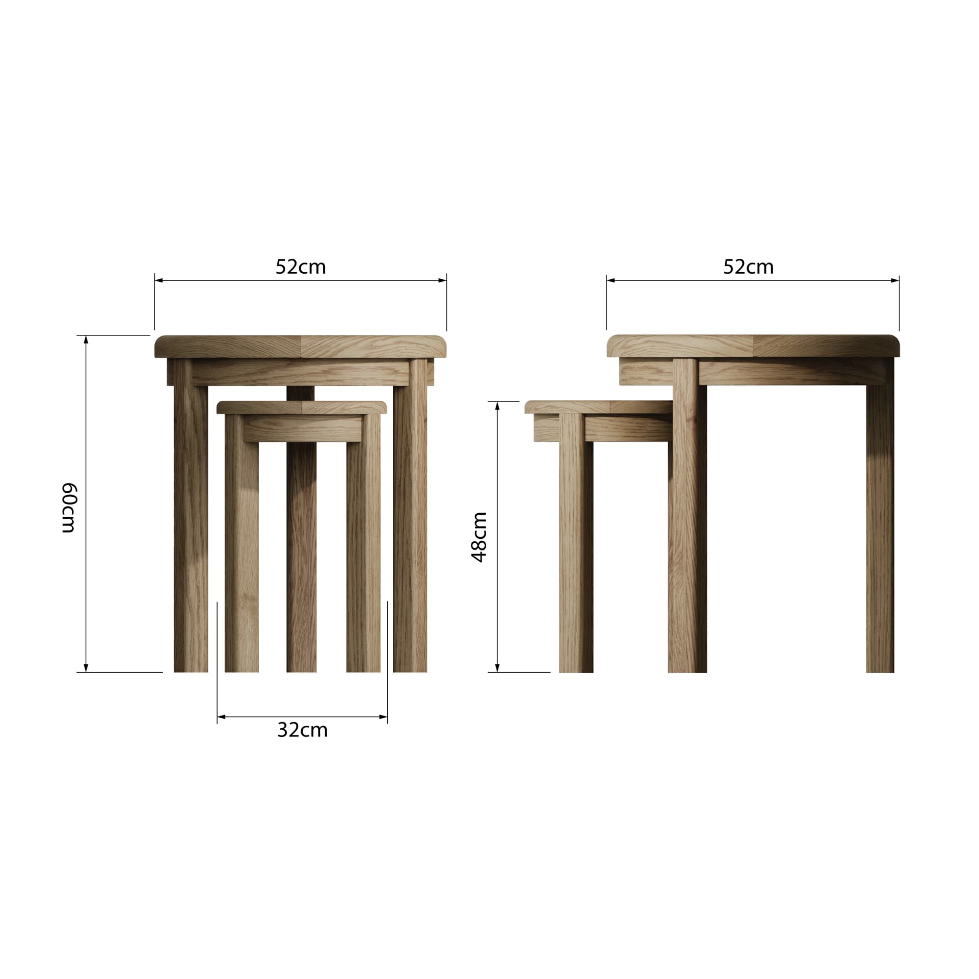 A pair of nesting side tables is shown from two sides with dimension details for both tables