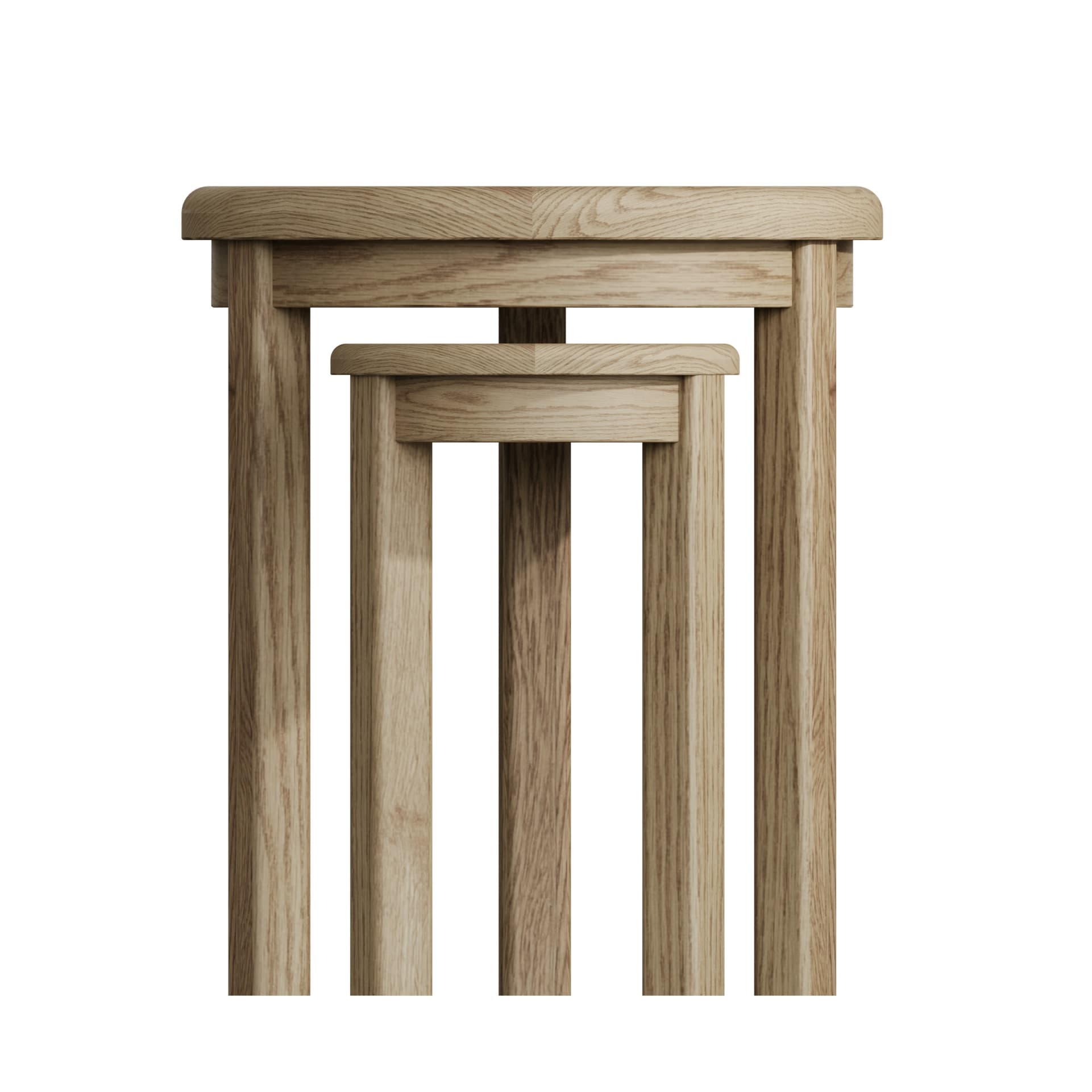 A view from the front on two round nesting side tables with smaller table positioned  inside of the bigger one