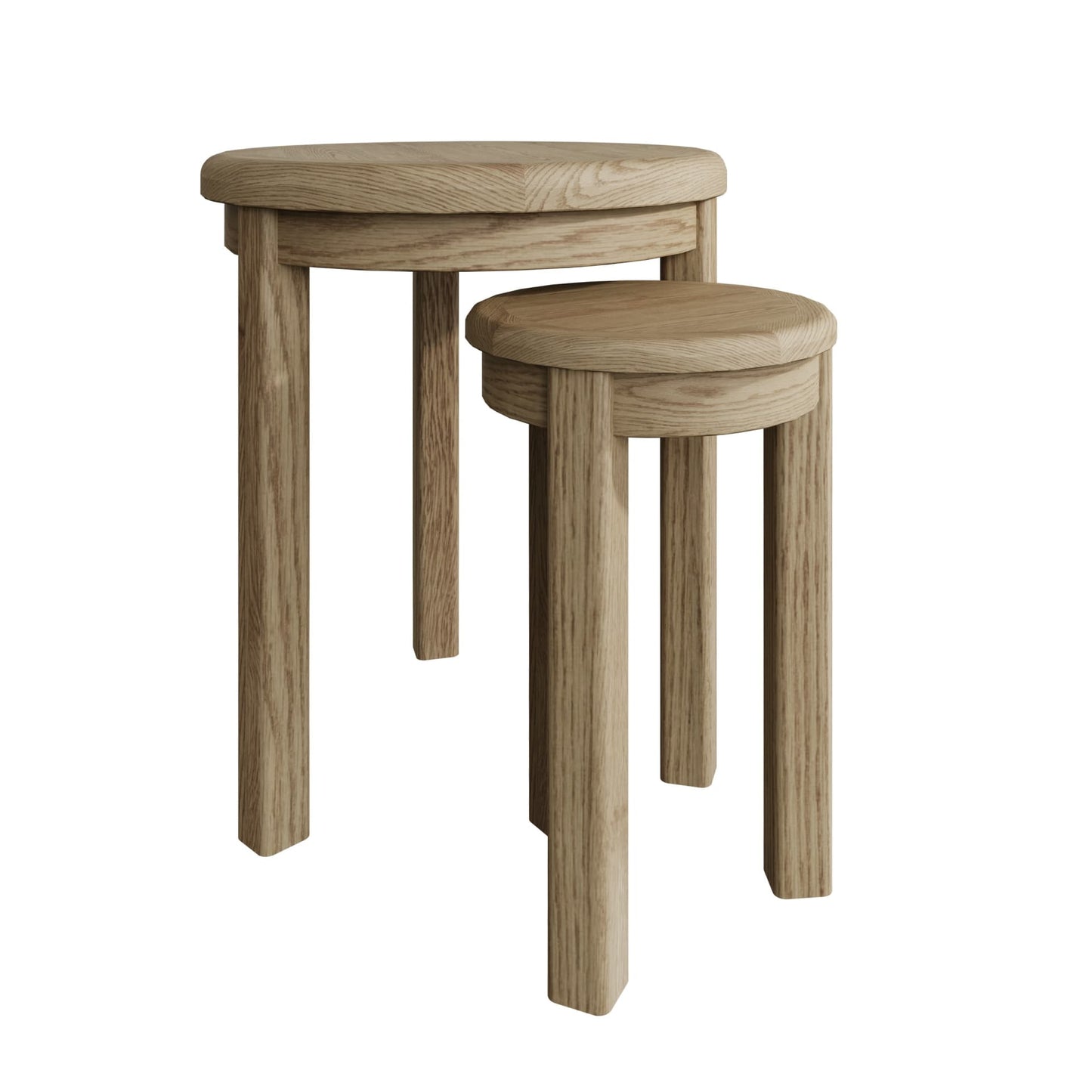 View at an angle of the two round side tables, showing all legs and table tops of the pair