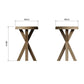 Round tripod oak side table is shown from two sides with dimension details