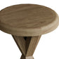 Close view on the top and rounded edges of the round oak side table