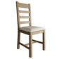 Oak slatted back dining chair with beige wool padded seat shown full size at an angle